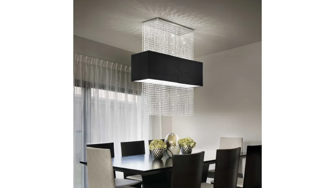 Lampada a sospensione Phoenix con paralume rivestito in tessuto ed elementi decorativi con catene di ottagoni in cristallo molato di Ideal Lux