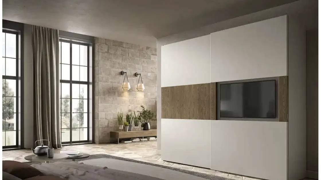 Armadio con ante scorrevoli Brunale TV S159 in laccato e impiallacciato rovere di Moretti Compact Giorno Notte