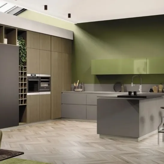 Cucina Moderna con penisola AL 32 08 in Fenix Grigio Londra e pensili in Vetro Verde Oliva di Arrex