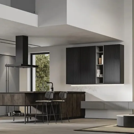 Cucina Moderna con penisola Loft 2|2 12 in Old Oak Petrolio e laccato di Arrex