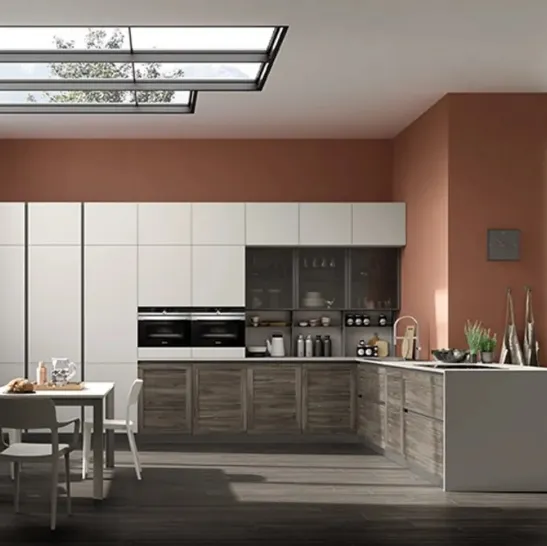 Cucina Moderna con penisola Twin 07 Okobo Dark e laccato Grigio di Arrex