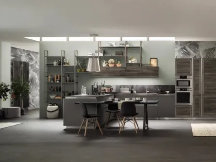 Cucina Moderna con penisola Twin 08 in HPL Nichel e Okobo Dark di Arrex