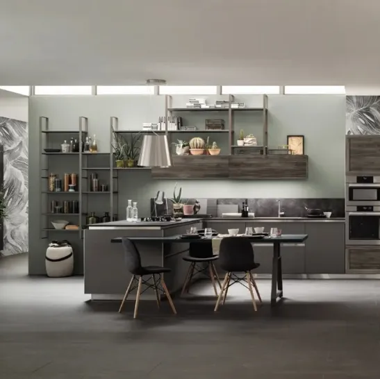 Cucina Moderna con penisola Twin 08 in HPL Nichel e Okobo Dark di Arrex