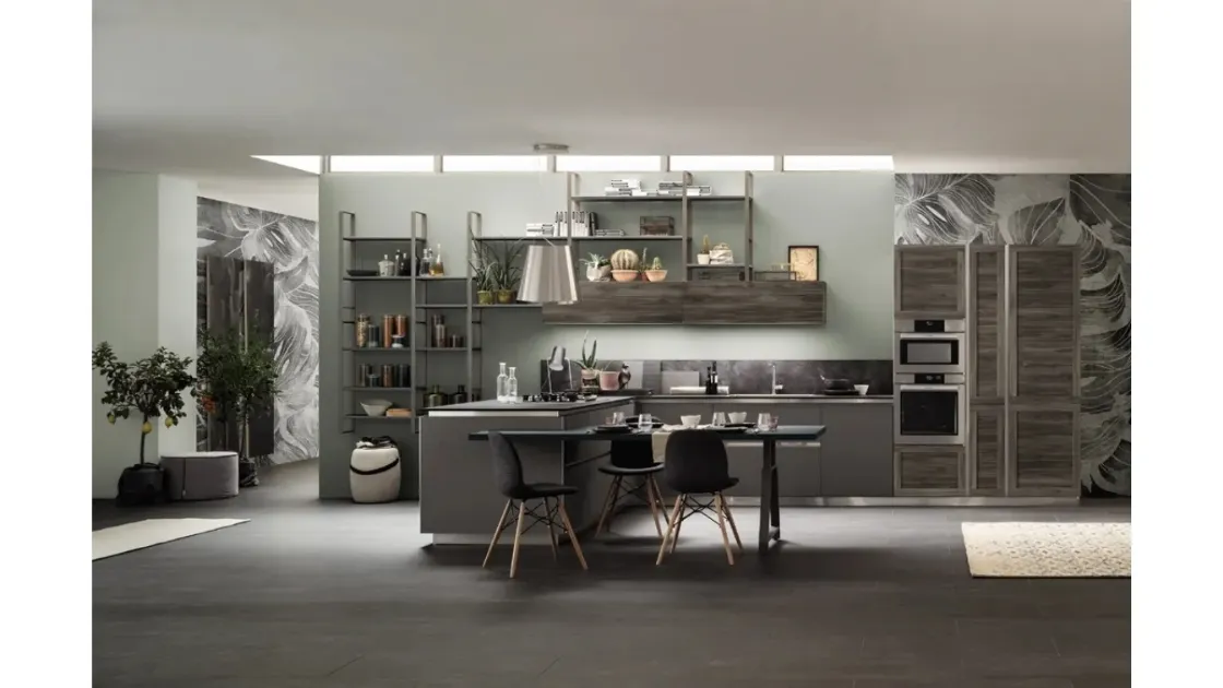 Cucina Moderna con penisola Twin 08 in HPL Nichel e Okobo Dark di Arrex